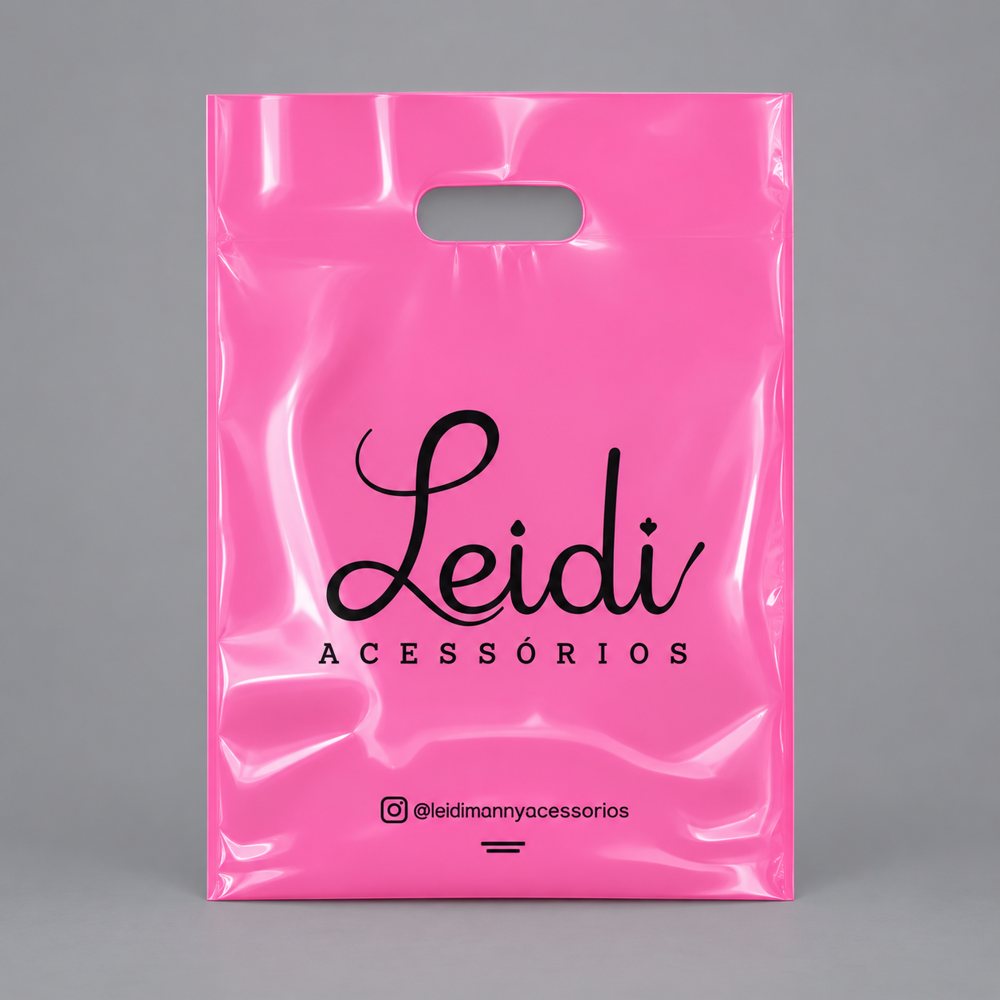 Sacola boca vazada rosa com a marca Leidi Acessórios